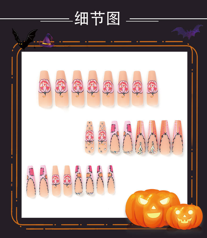 Wearing Nail Wholesale Halloween Frosted Nail Pink French Pumpkin Rhinestone Polka Dot Nail Sticker Finished Nail Beauty