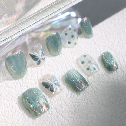 Refreshing Summer Mint Green Firefly Butterfly Cat Eye Hand-Worn Nail Mermaid Polka Dot Girl Phototherapy Fake Nail Tip