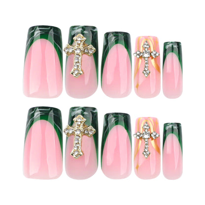 French Green Blooming Manicure Fake Nail Tip Nail Tip Gold Spot Drill Luxury Cross Wear Nail European and American Foreign Trade Nail Tip