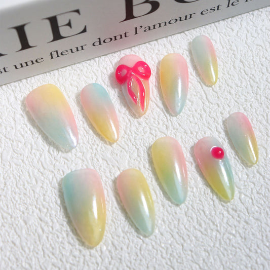 Gradient Macaron Hand Pinch Three-Dimensional Bow Almond Nail Hand Wear Armor College Student Nail Stickers Cute