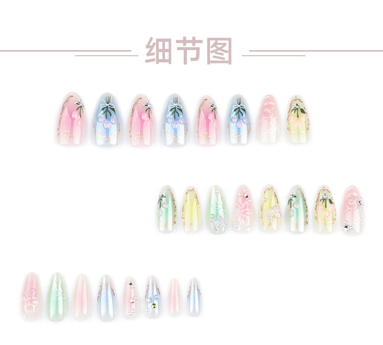 Summer Little Fresh Flower Wear Manicure Butterfly Blooming Fake Nails Short Almond Type Nail Tip Wear Nail Wholesale