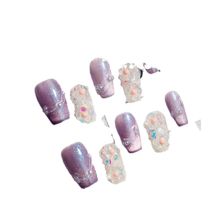 Fragrant Roland Romantic Purple Cat's Eye Small Flower Handmade Wear Nail Spring and Summer Comely Sweet Nail Art Fake Nail Tip