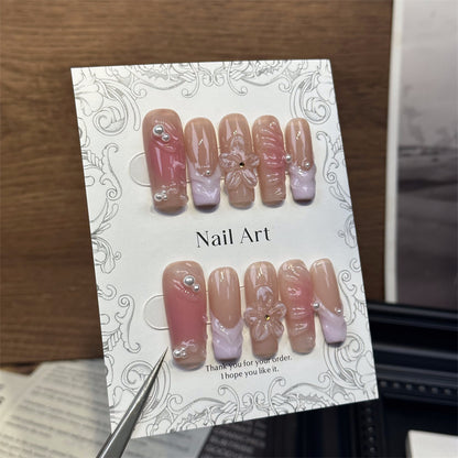 ins Wind Cross-Border European and American Medium Rectangular Handmade Wear Nail Polish Three-Dimensional Flower Nail Stickers Fake Nail Patch