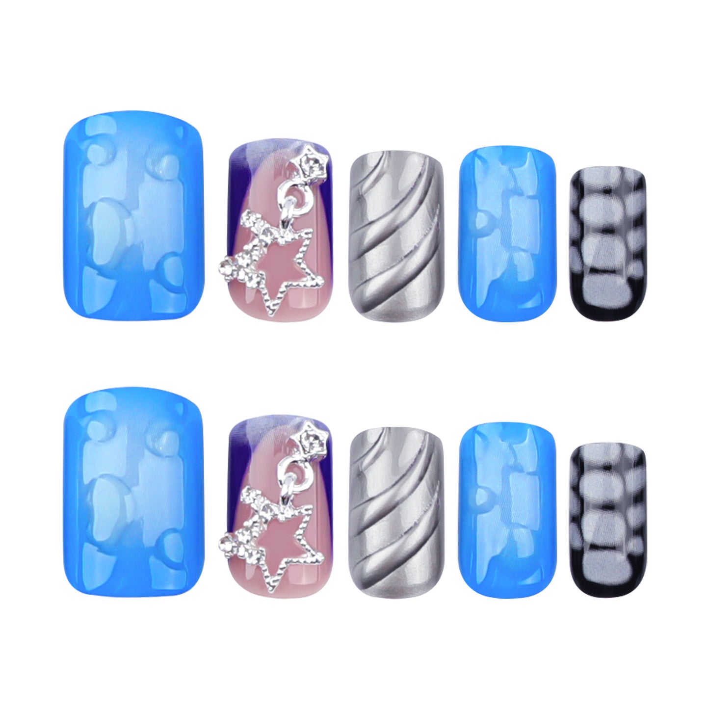 Ocean Blue Blooming Wear Armor Pearl Powder3D Water Ripple Nail Art Fake Nails Star Chain Design Wearable Nail Tip