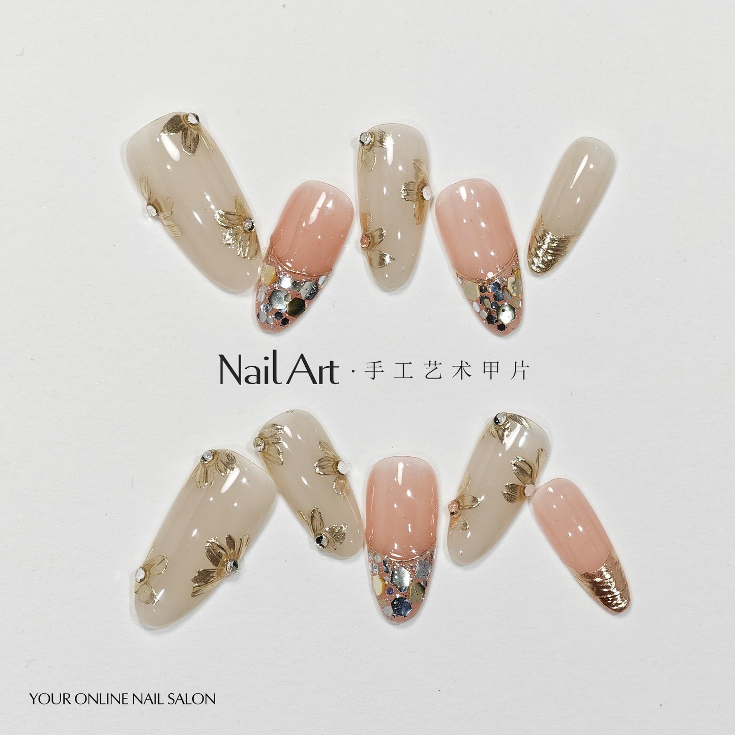 Handmade Wear Armor High-Grade Autumn and Winter Champagne Gilding Small Flower Handmade Nail Stickers Fake Nail Tip Wholesale