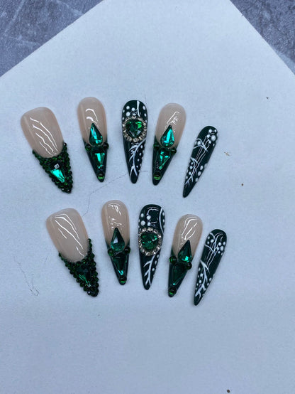 European and American Style Hot Selling Long Pointed Hand-Worn Armor Emerald French Style Full Diamond High-Grade White Manicure