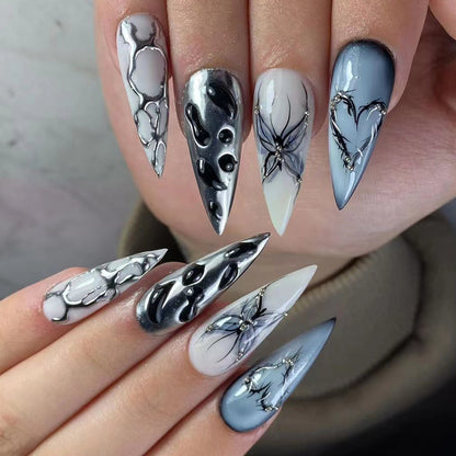 3D Three-Dimensional Water Ripple Wear Nail Cool Super Long Pointed Nail Piece Europe and America Cross Border Butterfly Hot Silver Fake Nails