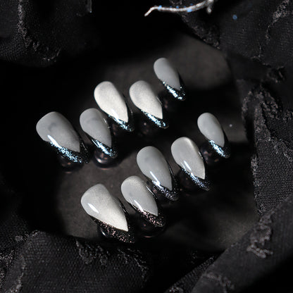 Black Swan Noble Fingertip French Almond Hand-Wear Nail Cat Eye Thin and Glittering Texture Nail Art Fake Nail Tip