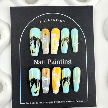 Hand Painted Sunset Coconut Nail Stickers Wear Nail Tip High Sense Summer Europe and America Cross Border Straight Hair Handmade Pure Summer