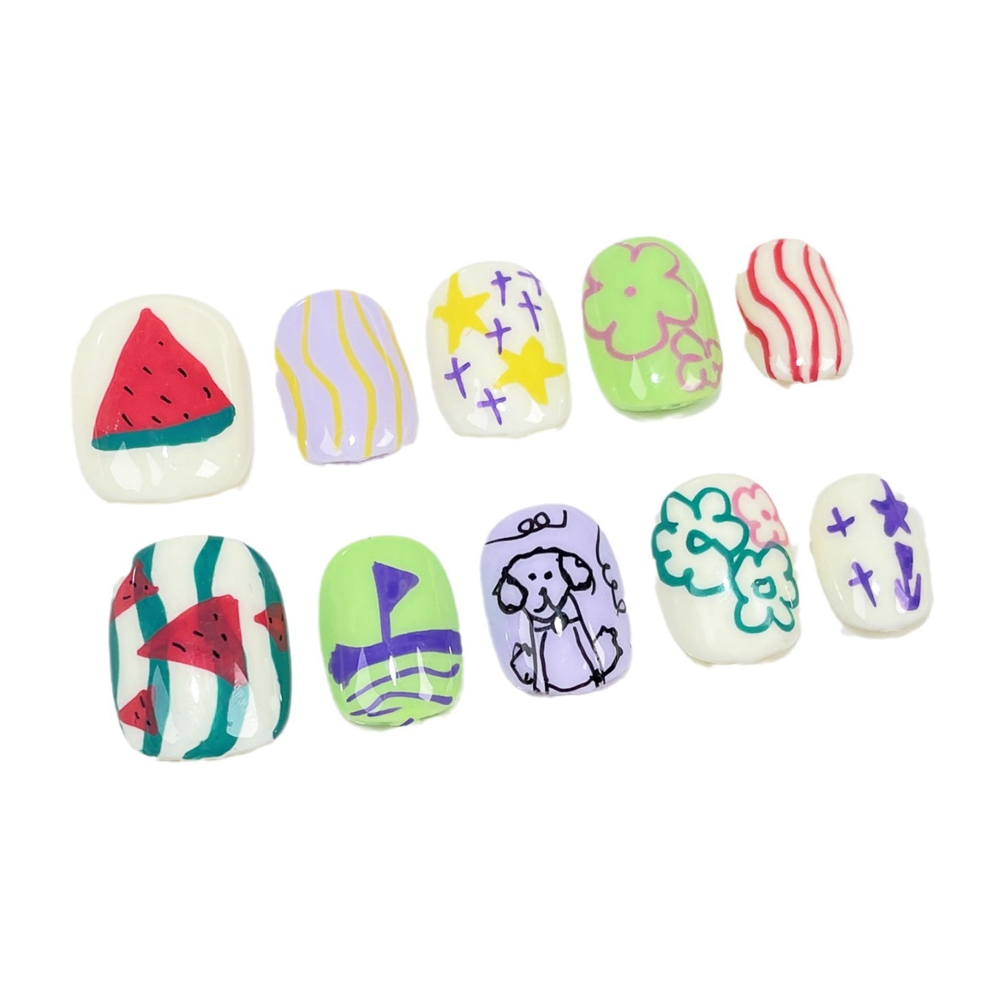 【Dyed Nail】Cute Short Nail Art Voyage Master Guard Melon Puppy Cartoon Childlike Hand Painted Graffiti Nail Stickers