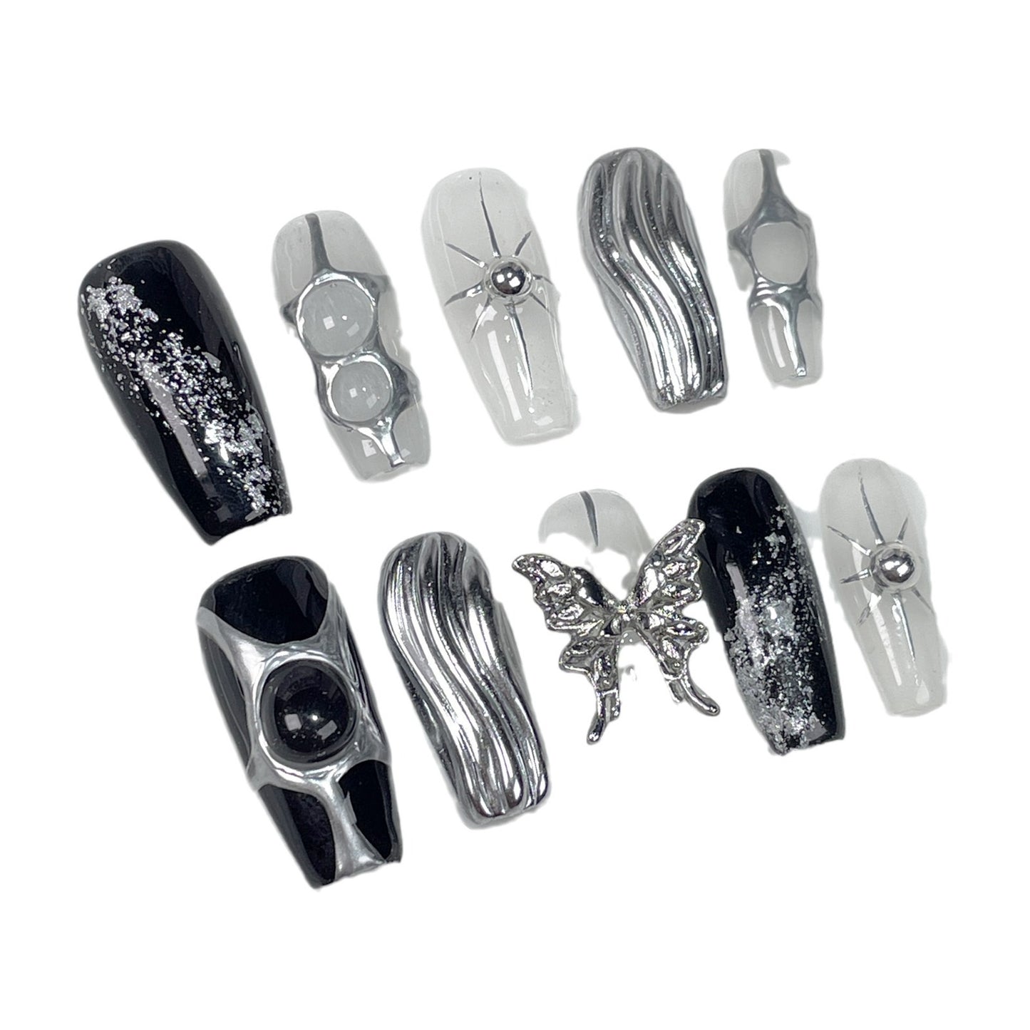 【Dyed Nail】Simple ins Style High-Grade Metal Texture Dark Sweet Cool Hot Girl Mid-Length Handmade Wear Nail