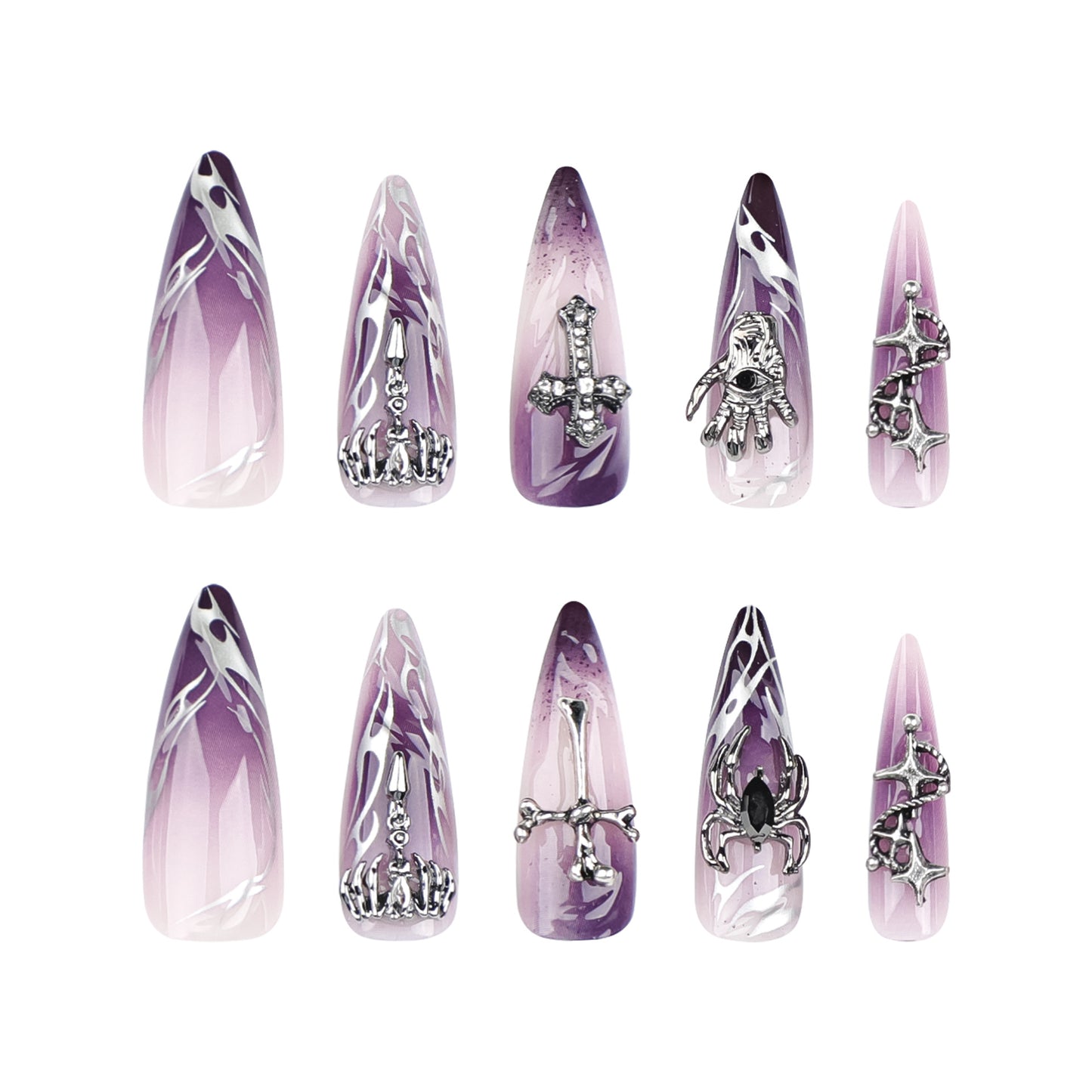 Halloween Cool Wear Nail French Flame Cross Manicure Purple Smudges Spider Nail Tip Finished Product Wholesale