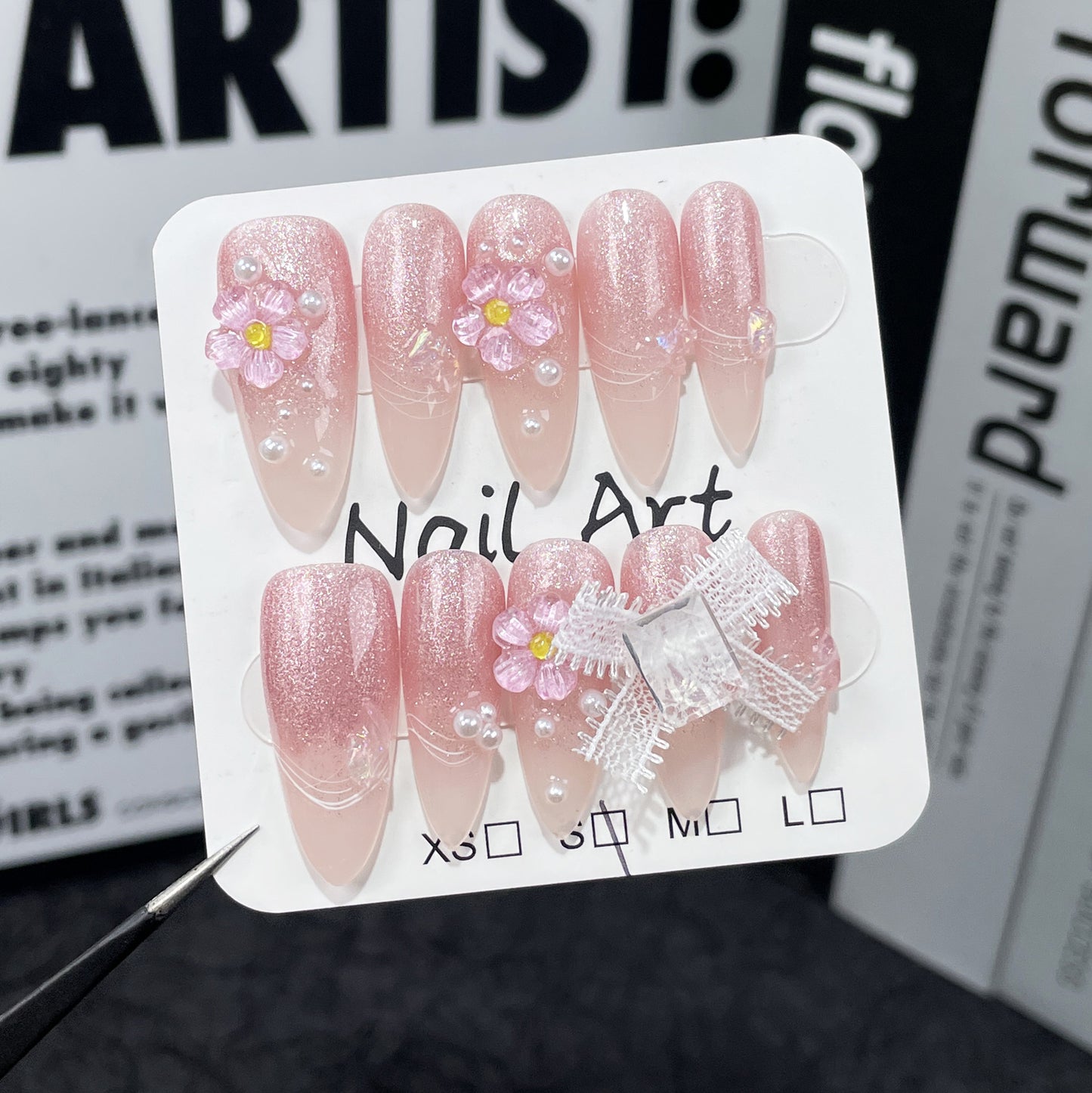 Handmade Wear Nail Sweet Cute Ice Transparent Small Flower Finished Nail Beauty Patch Gradient Cat Eye Long Fake Nails Wholesale