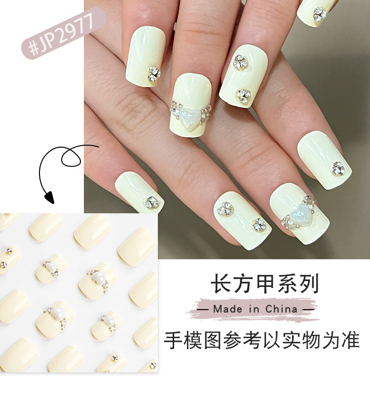 Yellow and White Solid Color Rhinestone Flash Wear Armor White Love Diamond Nail Sticker Wear Rectangular Nail Piece Wholesale