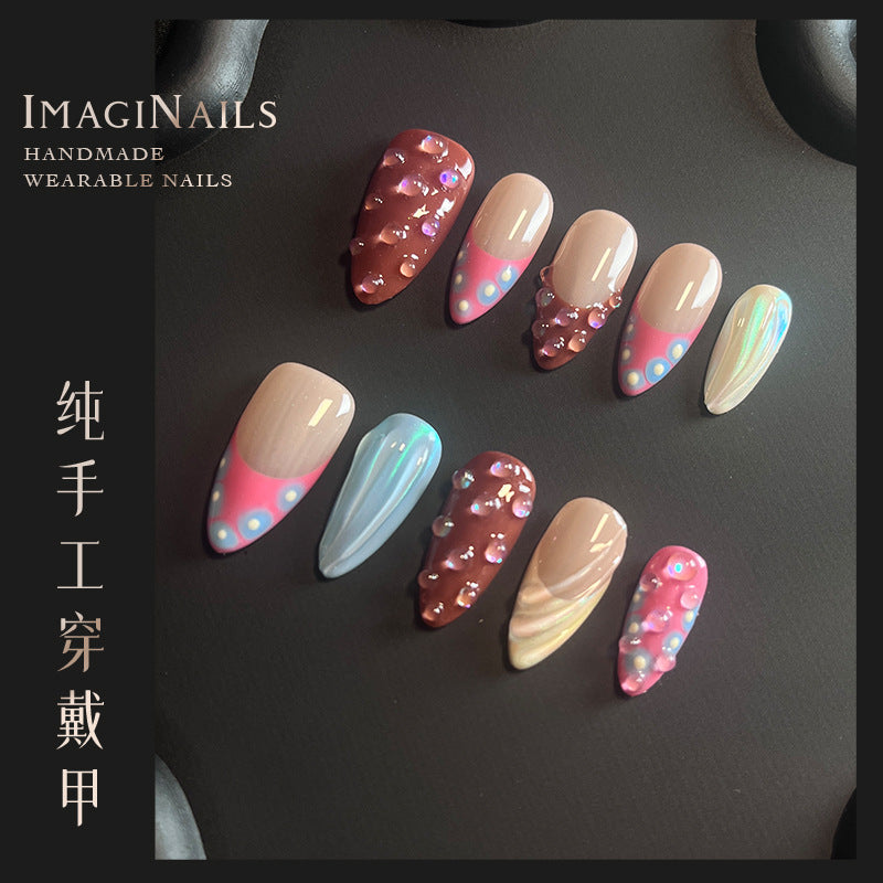 Hot Selling in Europe and America~3D Three-Dimensional Carved Almond Nail Pure Hand-Worn Nail Piece