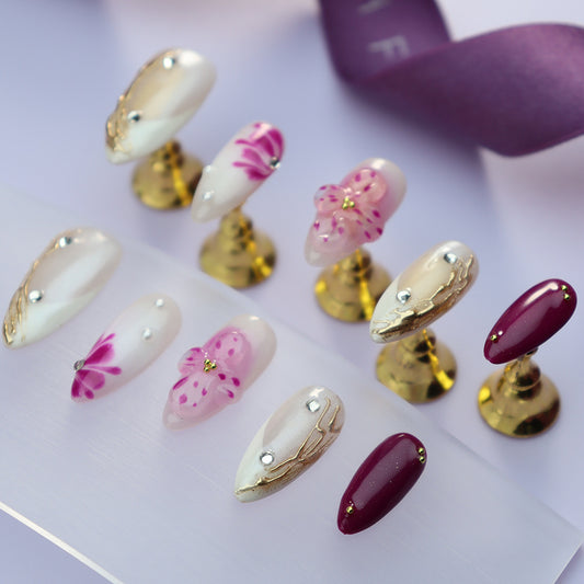 New Nail Beauty Patch Wear Nail Almond Style Niche Three-Dimensional Flower Diamond New Year Style French Nail Sticker Generation Hair