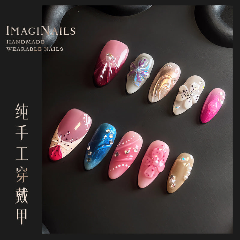 Hot Selling in Europe and America3D Three-Dimensional Carved Almond Nail Pure Hand-Worn Nail Piece