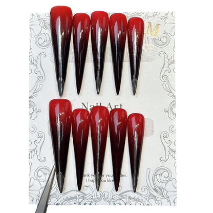 Original Design European and American Dark Red Long Pointed Magic Mirror Effect Powder Wear Nail Black Red Gradient Removable Fake Nails Manicure