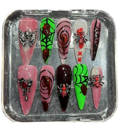 Halloween Pure Hand Drawing Handmade Wear Nail Tip High-Grade Hand-Painted Nail Stickers Contrast Color Series Cross-Border Wholesale