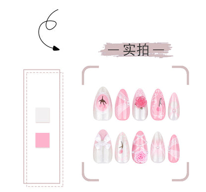 French Cute Girl Pink Nail Art Three-Dimensional Flower Wear Nail Tulip Ribbon Fake Nails Nail Tip Finished Product Wholesale