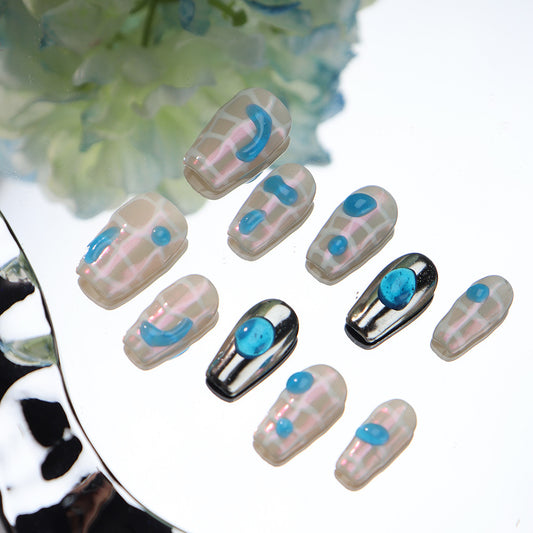 Summer Plaid Handmade Wear Armor Blue Epoxy Graffiti Exclusive for Cross-Border Nail Stickers Nail Tip in Stock Hot Sale Products