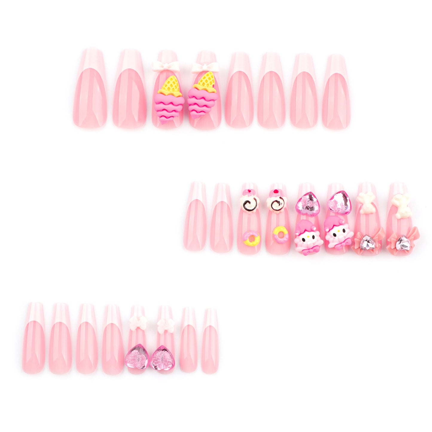 Sweet Cartoon Pink Nail Art Cone Ice Cream Wear Nail Three-Dimensional Bow Nail Tip Love Heart Rhinestone Fake Nails