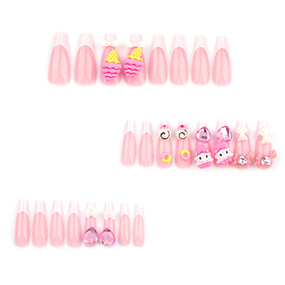 Sweet Cartoon Pink Nail Art Cone Ice Cream Wear Nail Three-Dimensional Bow Nail Tip Love Heart Rhinestone Fake Nails