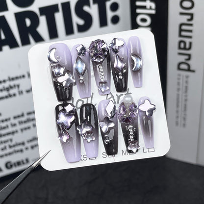 Hand-Worn Nail Spray Gun Gradient Pile Rhinestone Dark Purple Atmosphere Long Nail Stickers High-Grade Nail Sticker