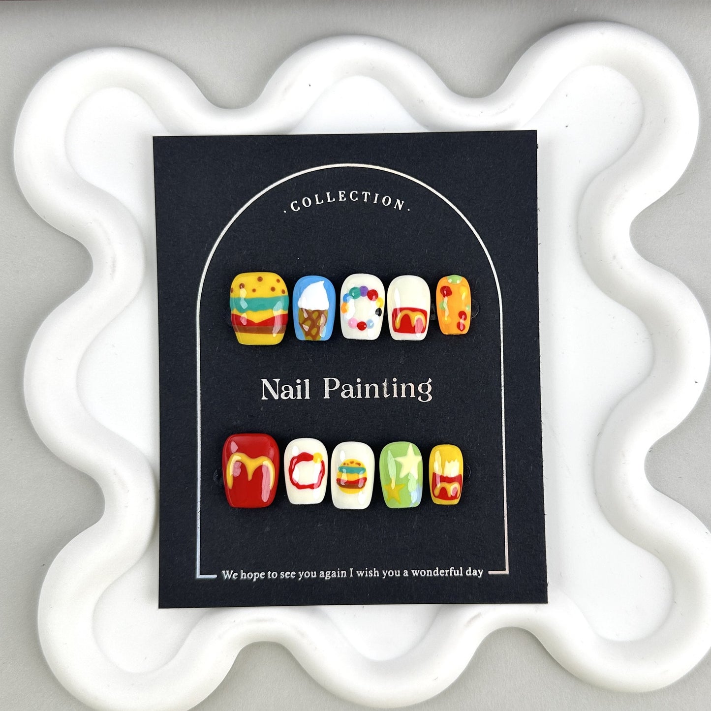 Cartoon Hamburger Hand-Painted Summer New Unique Handmade Wear Armor Nail Stickers Overseas Cross-Border Finished Products Wholesale