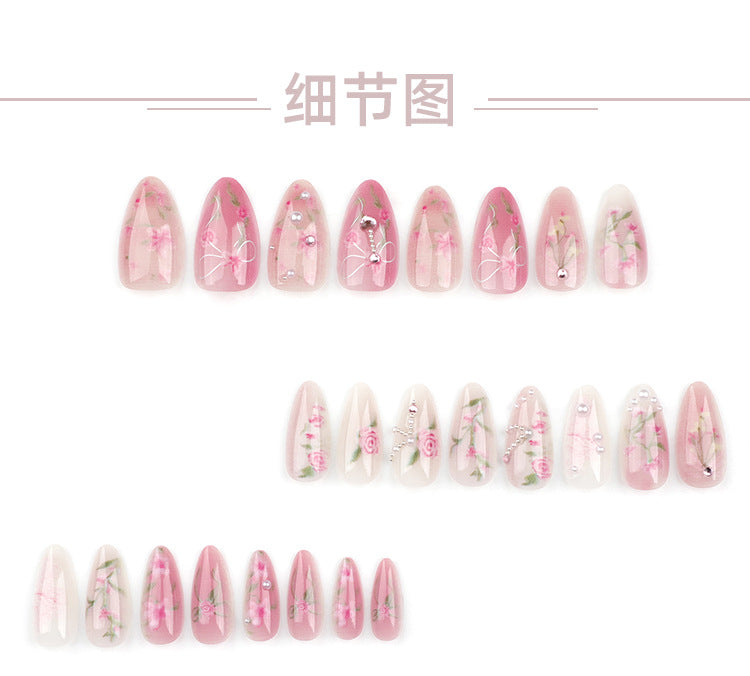 Summer New Monet Manicure Sweet Pink Blooming Rose Wear Nail Polish Short Almond Fake Nails