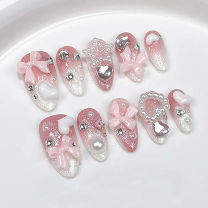 Handmade Wear Nail Sweet Girly Style Cute Gentle Cross-Border Japanese and Korean Almond Nail Pink Wear Nail Sticker