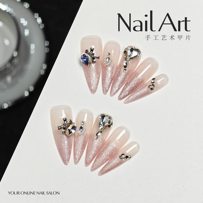 Handmade Wear Armor High-Grade Cat Eye Bow Ice Transparent Nail Stickers White Handmade Fake Nail Tip Wholesale