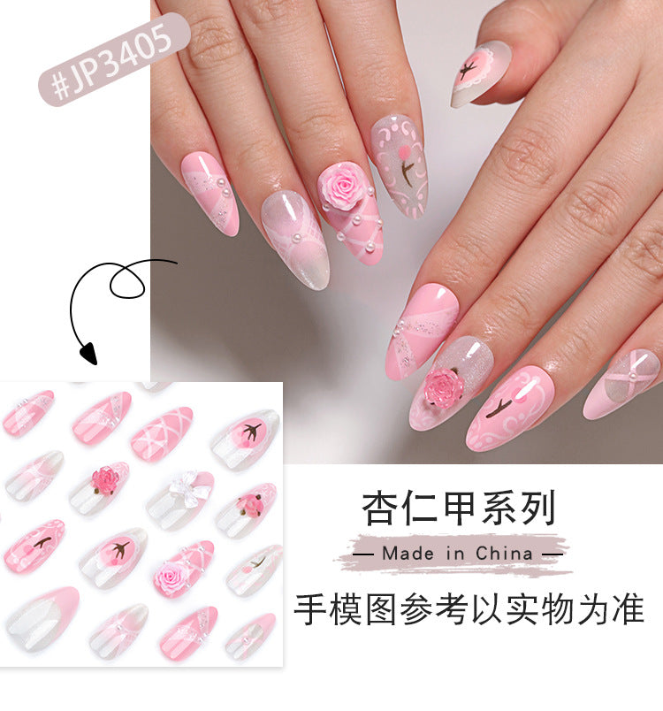 French Cute Girl Pink Nail Art Three-Dimensional Flower Wear Nail Tulip Ribbon Fake Nails Nail Tip Finished Product Wholesale