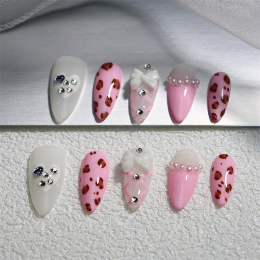 Hot Girl Sweet Cool Leopard Pattern Handmade Wear Armor French Pearl Ballet Style Sweet Girl Nail Stickers Phototherapy Detachable