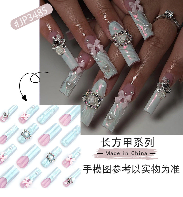 3D French Manicure Fake Nail Tip Nail Tip Three-Dimensional Pink Bow Wearing Nail Cat Spot Drill Removable Nail Tip Finished Product