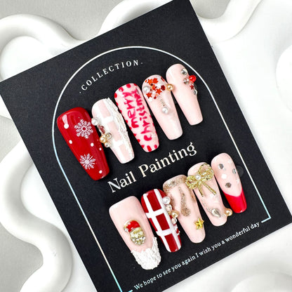 Christmas Style Hand-Painted Wear Nail Tip Mid-Length T Type Cross-Border European and American Handmade Nail Stickers Wholesale High Sense