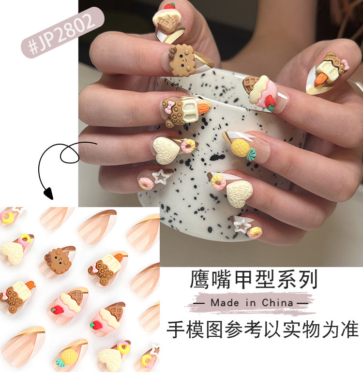 Cute Ice Cream Cake Wearing Nail Nail Beauty Cute Cartoon Biscuit Heart-Shaped Short Nail Tip fake  nails