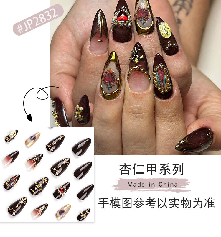 European and American Wear Nail Relief Cross Nail Art Virgin Portrait Nail Art Piece Love Gem Dark Brown Nail Tip Wholesale