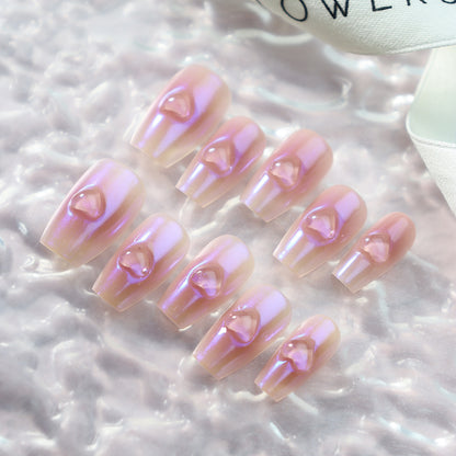 Sweet Hot Girl Gradient Love Handmade Wear Nail Ice Transparent Three-Dimensional Bridal Phototherapy Finished Manicure with Jelly Glue