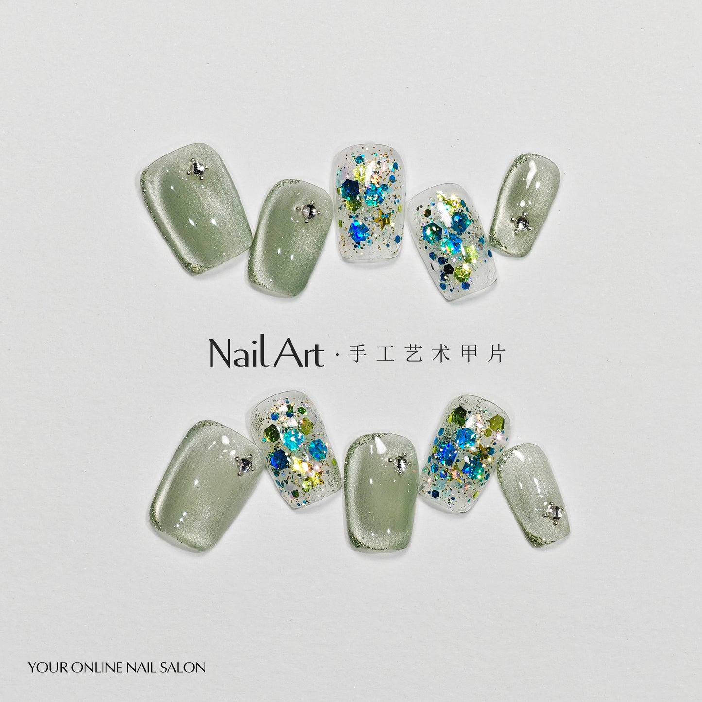 Qiuyi Handmade Wear Armour Mint Mambo Gilding Advanced White Short Cat Eye Handmade Fake Nail Tip Wholesale