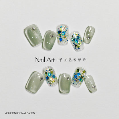 Qiuyi Handmade Wear Armour Mint Mambo Gilding Advanced White Short Cat Eye Handmade Fake Nail Tip Wholesale