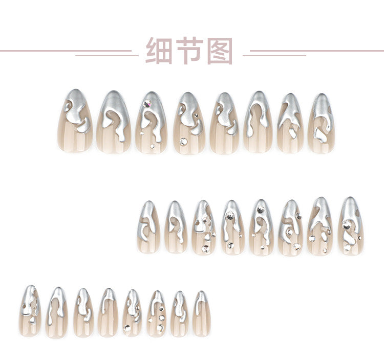 French3D Silver Paste Wear a Nail Piece Short Almond fake nails Spot Drill Fake Nails Nail Sticker Wholesale