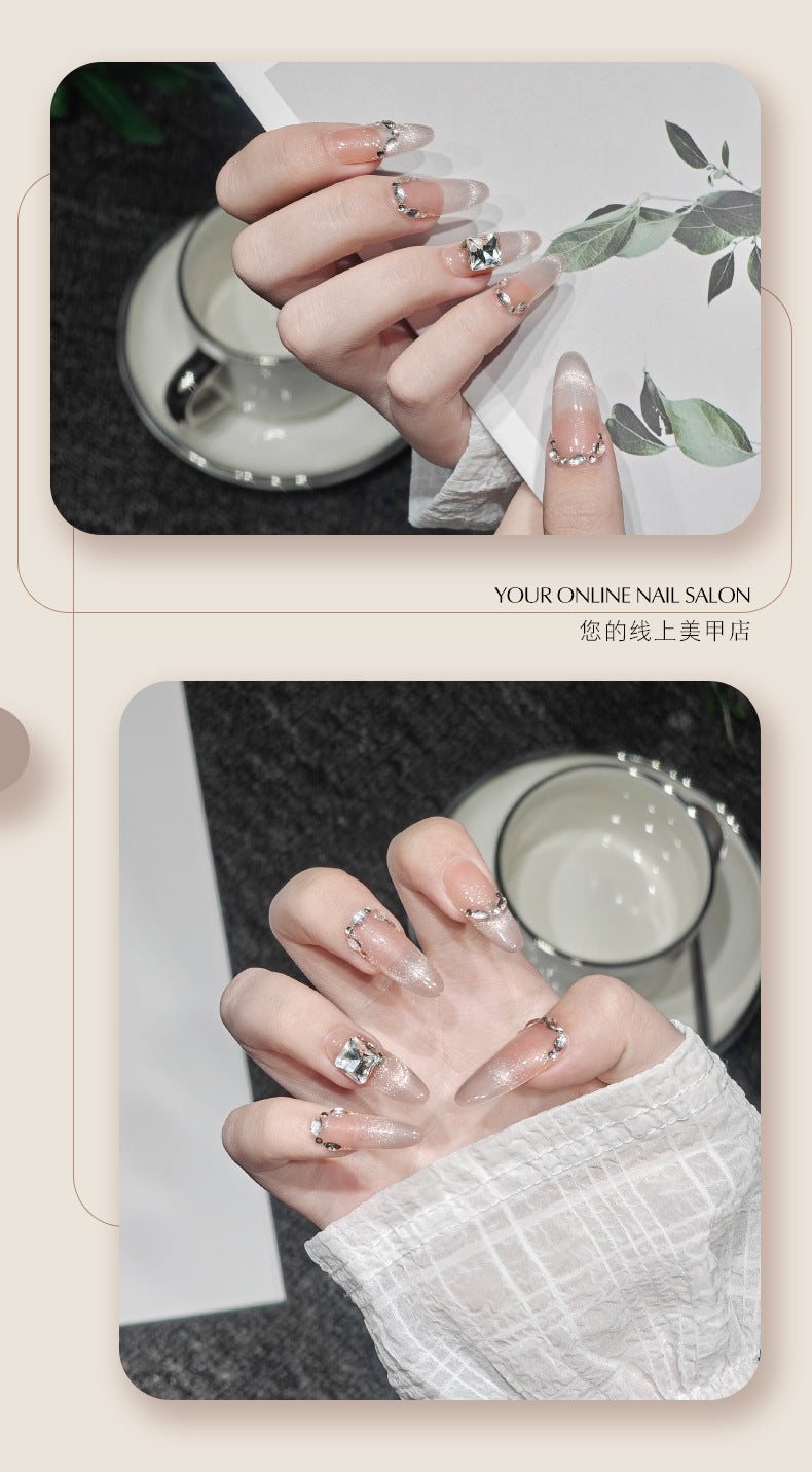 Handmade Wear Armor High-Grade Summer ins Wind Cat Eye Flashing Ice Transparent Almond Nail Hand Made Armor Fake Nails