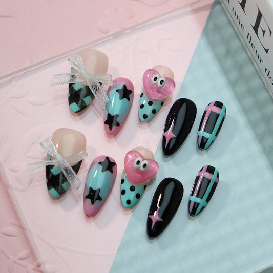 Hot Sale Nail Stickers Wear Armor Cartoon French Style Love Heart Bow Tie XINGX Plaid Cute Wind Sweet Cool Fake Nail Tip