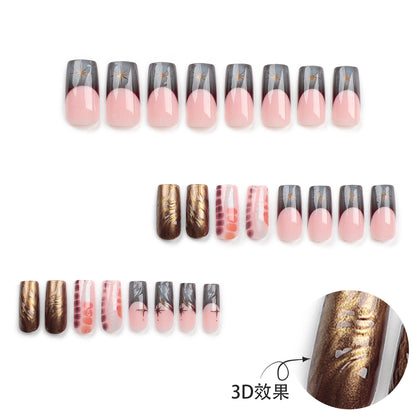 French Blooming Wear Armor3D Asterism Manicure Mid-Length Nail Tip Removable Brown Sugar Color Fake Nail Patch Wholesale