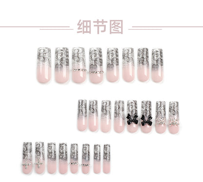 New Black Bow Ice Transparent Wear Nail Sweet Cool Flash Diamond Cross Nail Art Long Ladder Sand Pattern Removable Nail Tip