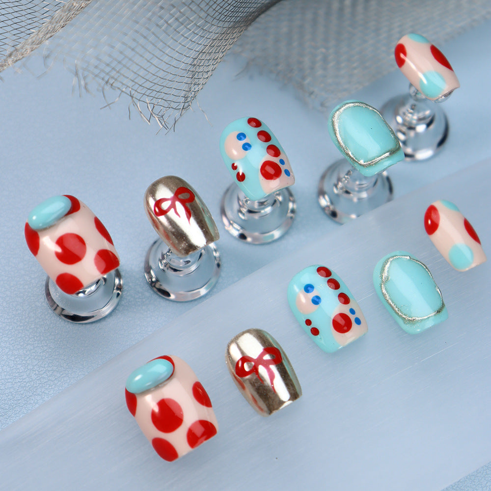 New Product Nail Beauty Wear Armor Hand-Painted Cute Fun Polka Dot Bow Short Ballet Nail Stickers Cross-Border Nail Sticker