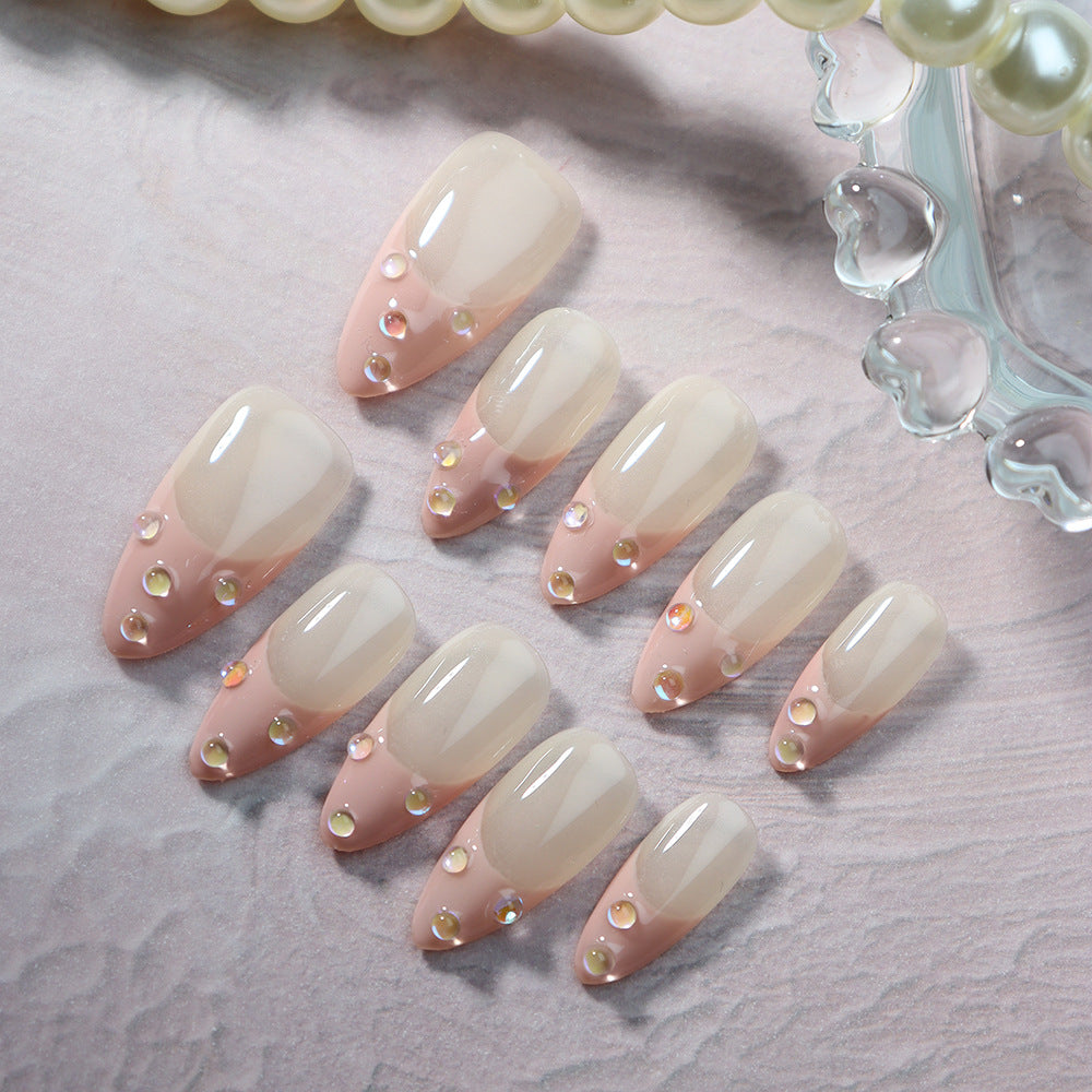 New Sweet Style Bubble French Hand-Wear Nail Almond-Shaped Leather Pink Hand-Wear Nail Natural Style