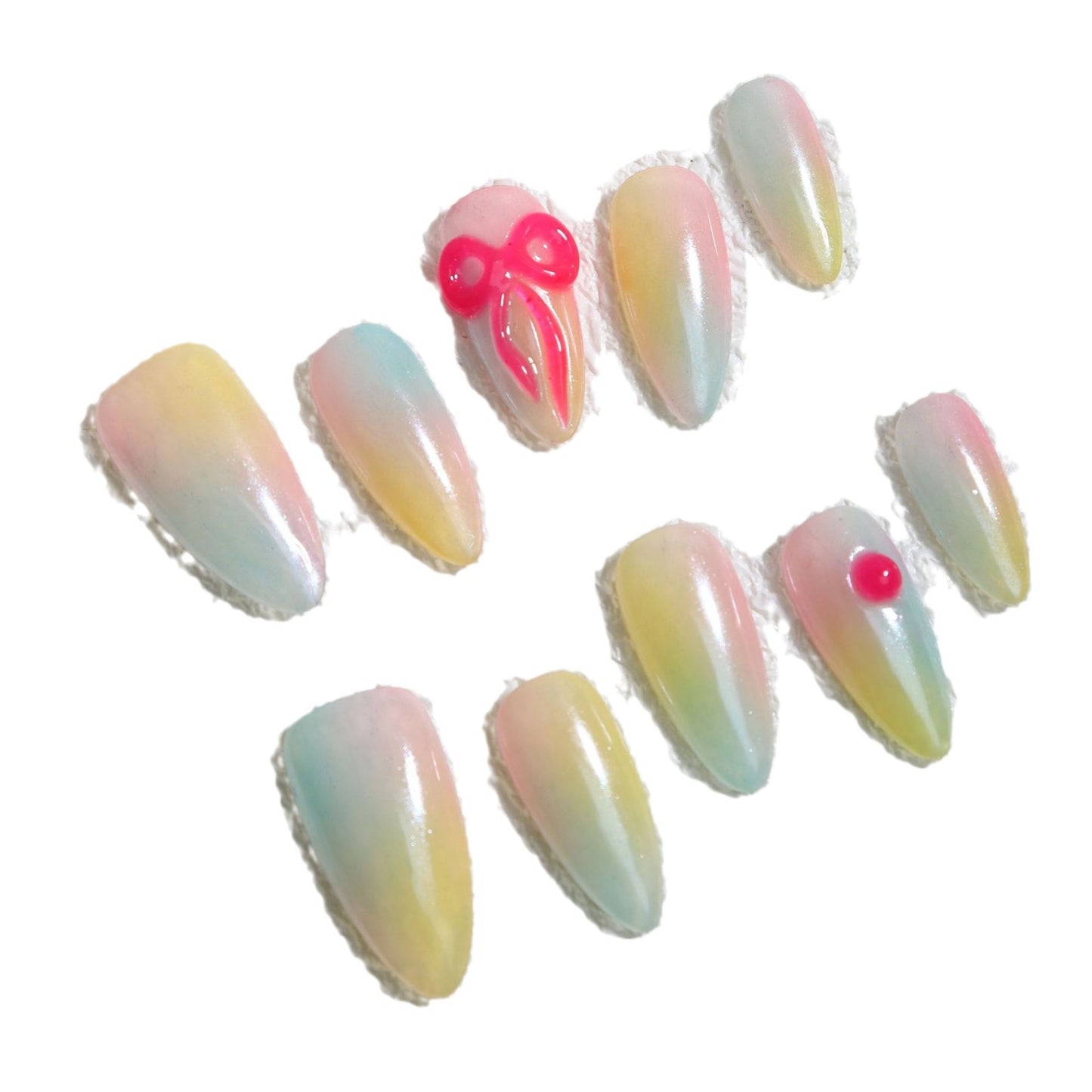 Gradient Macaron Hand Pinch Three-Dimensional Bow Almond Nail Hand Wear Armor College Student Nail Stickers Cute