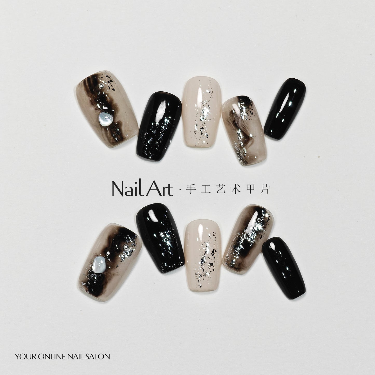 Handmade Wear Nail Hand Painted Black Blooming Watercolor Advanced Texture Short Nail Stickers Fake Nail Tip Wholesale